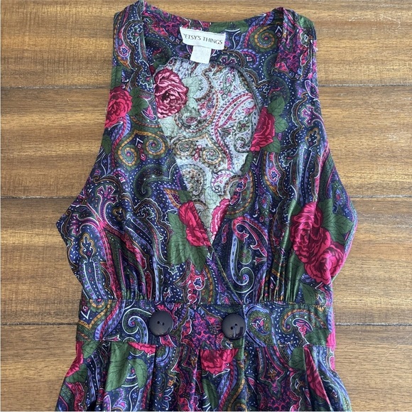 VTG Betsy’s Things Midi Dress Colorful Floral Sleeveless Deep V-Neck Sz Unknown - Picture 3 of 13